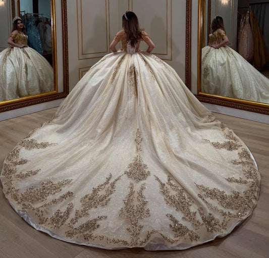 Sweetheart Champagne Glittery Tulle Lace Beaded Quinceanera Dresses for Sweet 16 HE683