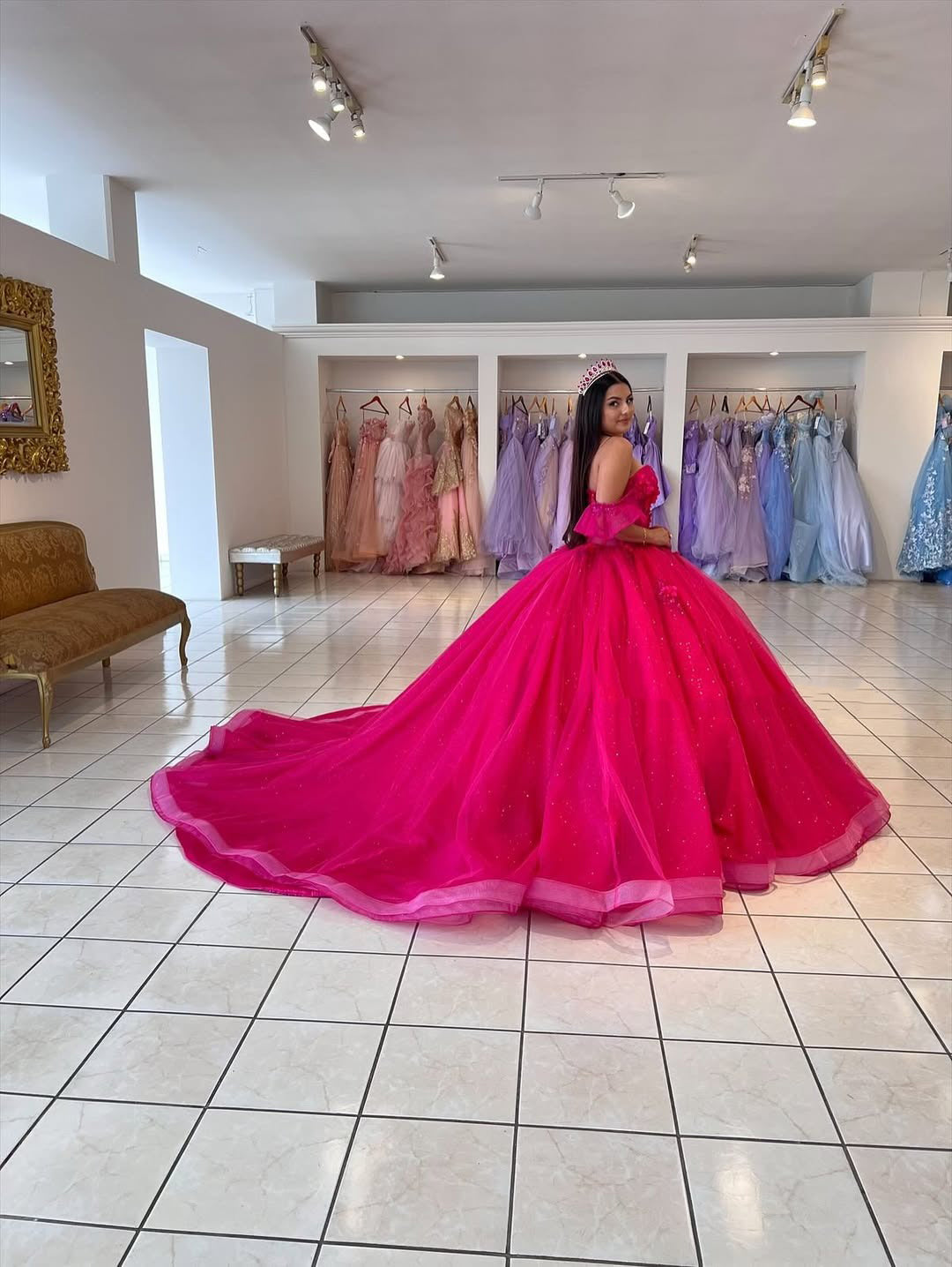 Fuchsia Glittery Tulle Princess Ball Gown Appliqued Beaded Quinceanera Dresses HE694