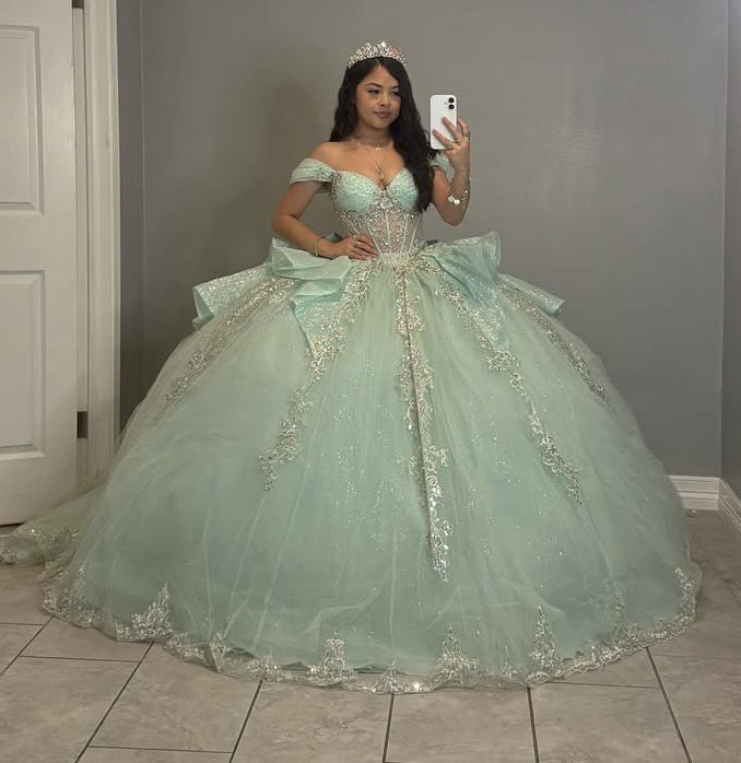 Off Shoulder Tulle Appliqued Princess Ball Gown Mint Quinceanera Dresses HE817