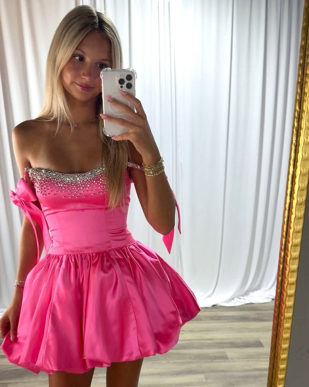 Hot Pink A Line Satin Beaded Homecoming Dresses Off Shoulder Party Dresses HE543