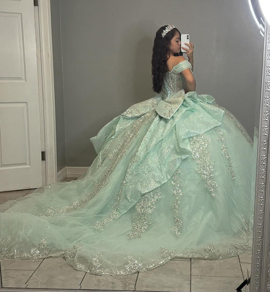 Off Shoulder Tulle Appliqued Princess Ball Gown Mint Quinceanera Dresses HE817