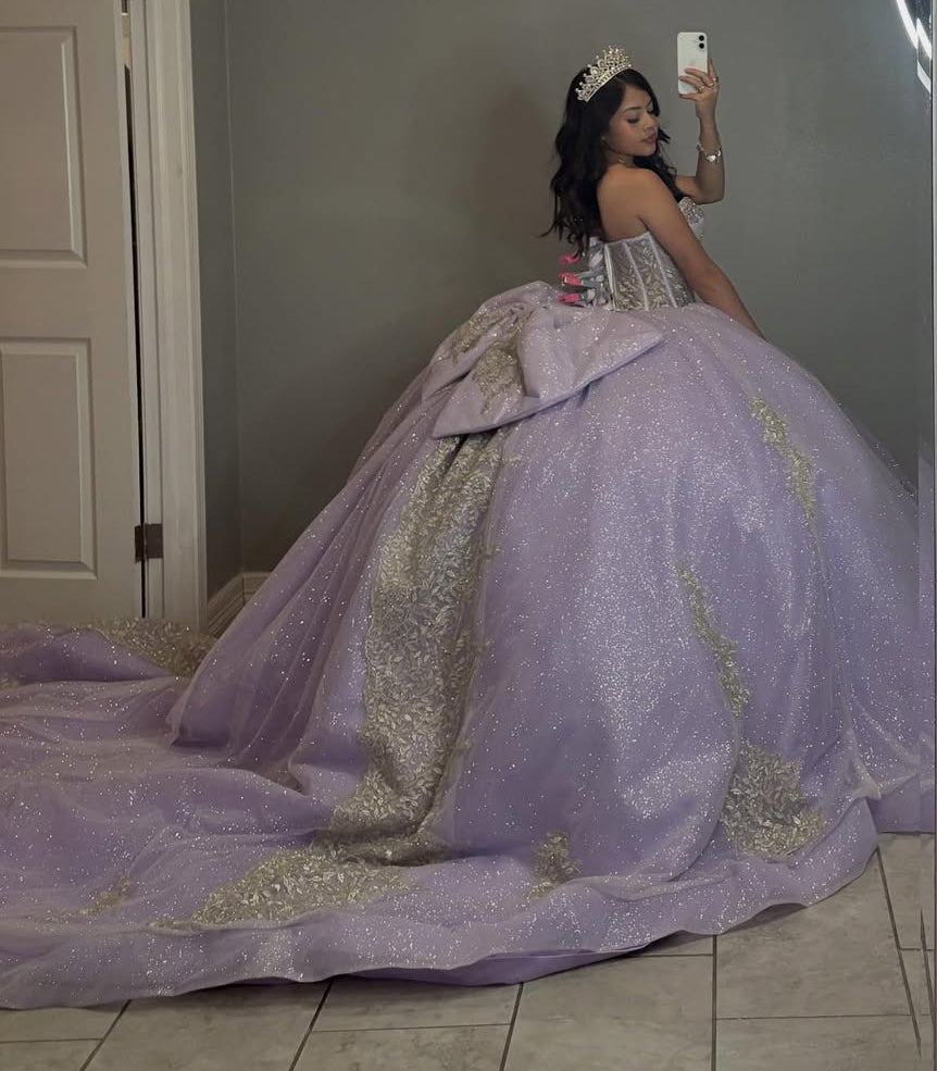Lilac Sweetheart Corset Tulle Appliqued Beaded Quinceanera Dresses for Sweet 16 HE814