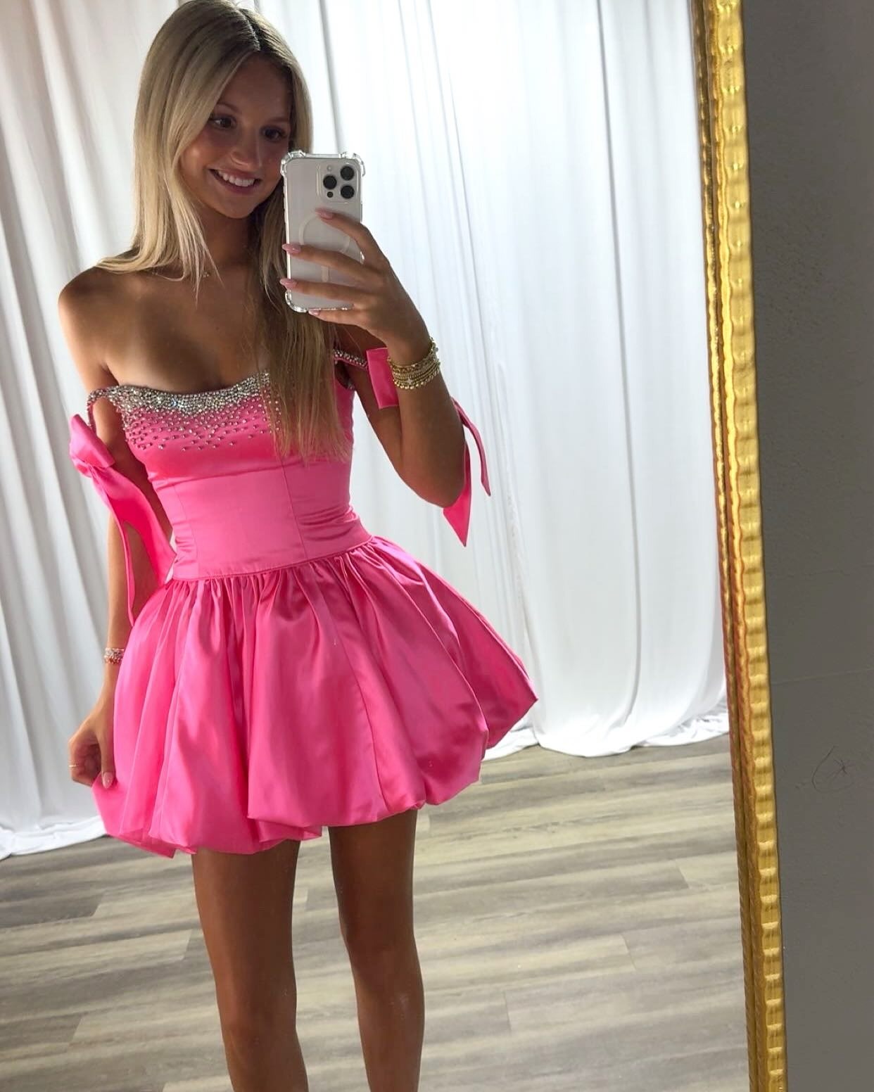 Hot Pink A Line Satin Beaded Homecoming Dresses Off Shoulder Party Dresses HE543