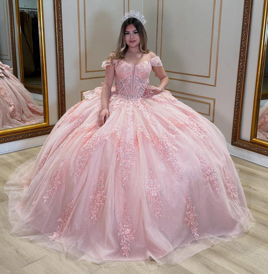 Vestidos de quinceañera con hombros descubiertos, tul princesa, apliques, vestidos de quinceañera HE530
