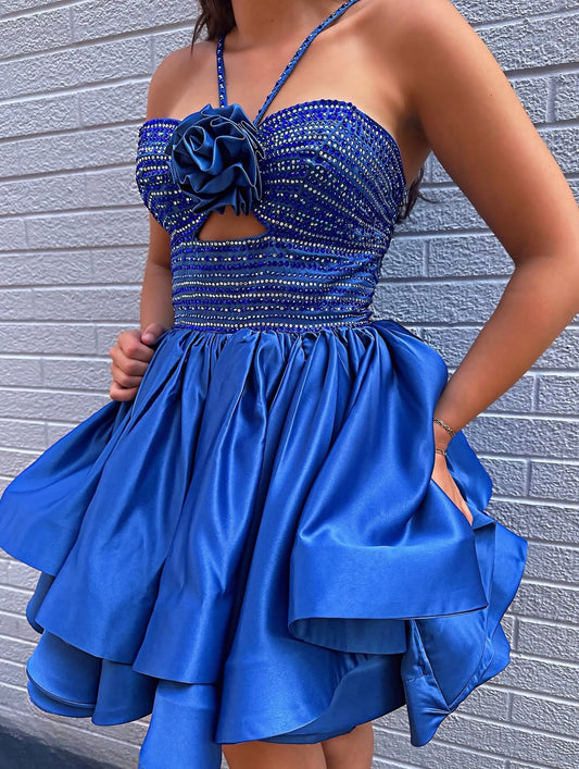 A Line Satin Beaded Homecoming Dresses Halter Neck Cocktail Gowns HE559