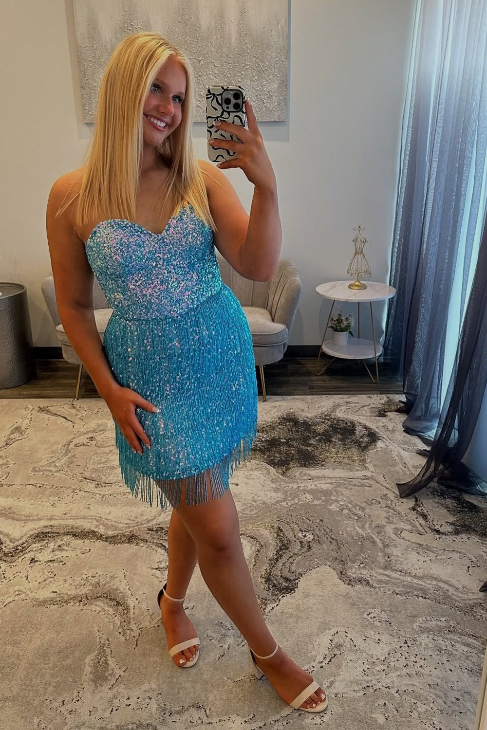 Sweetheart Sequin Tassels Homecoming Dresses Strapless Cocktail Gowns HE458