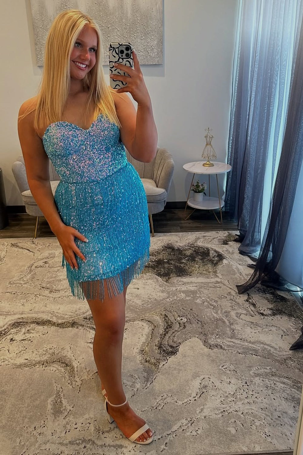 Sweetheart Sequin Tassels Homecoming Dresses Strapless Cocktail Gowns HE458