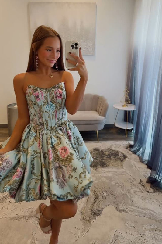 Strapless Satin Floral Print Homecoming Dresses A Line Party Gowns HE460