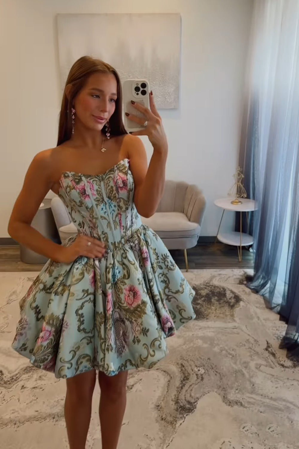 Strapless Satin Floral Print Homecoming Dresses A Line Party Gowns HE460