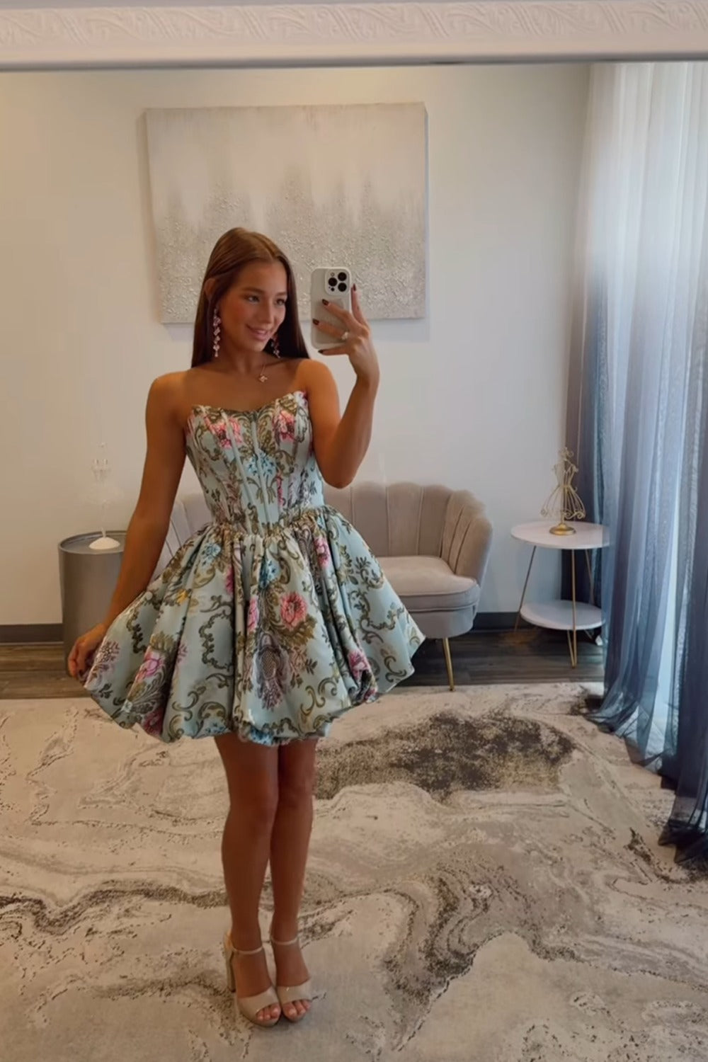 Strapless Satin Floral Print Homecoming Dresses A Line Party Gowns HE460