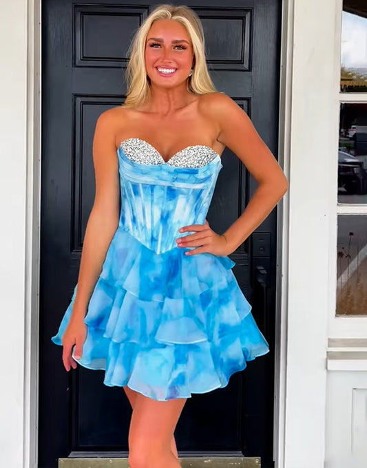 Floral White Blue Sweetheart A Line Corset Homecoming Dress with Beaded HE584