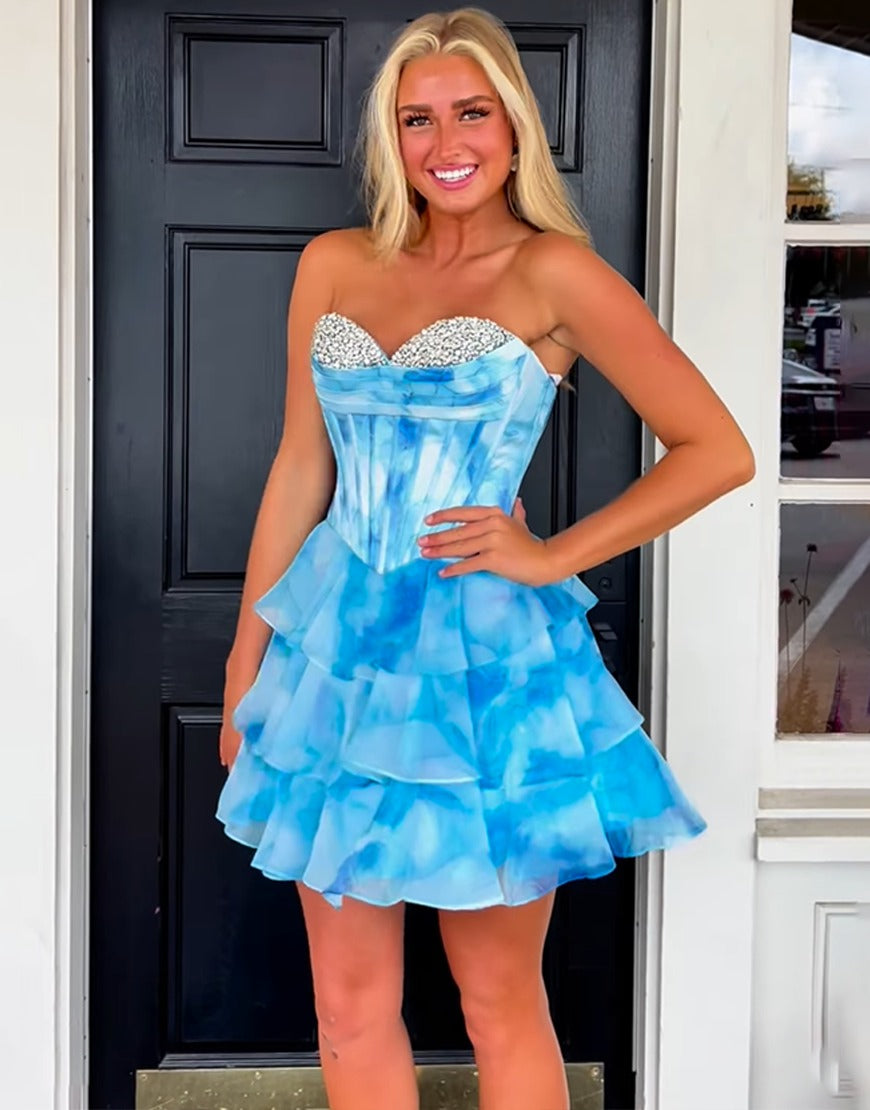 Vestido de fiesta con escote en forma de A, con corsé, floral, blanco y azul, con cuentas, HE584