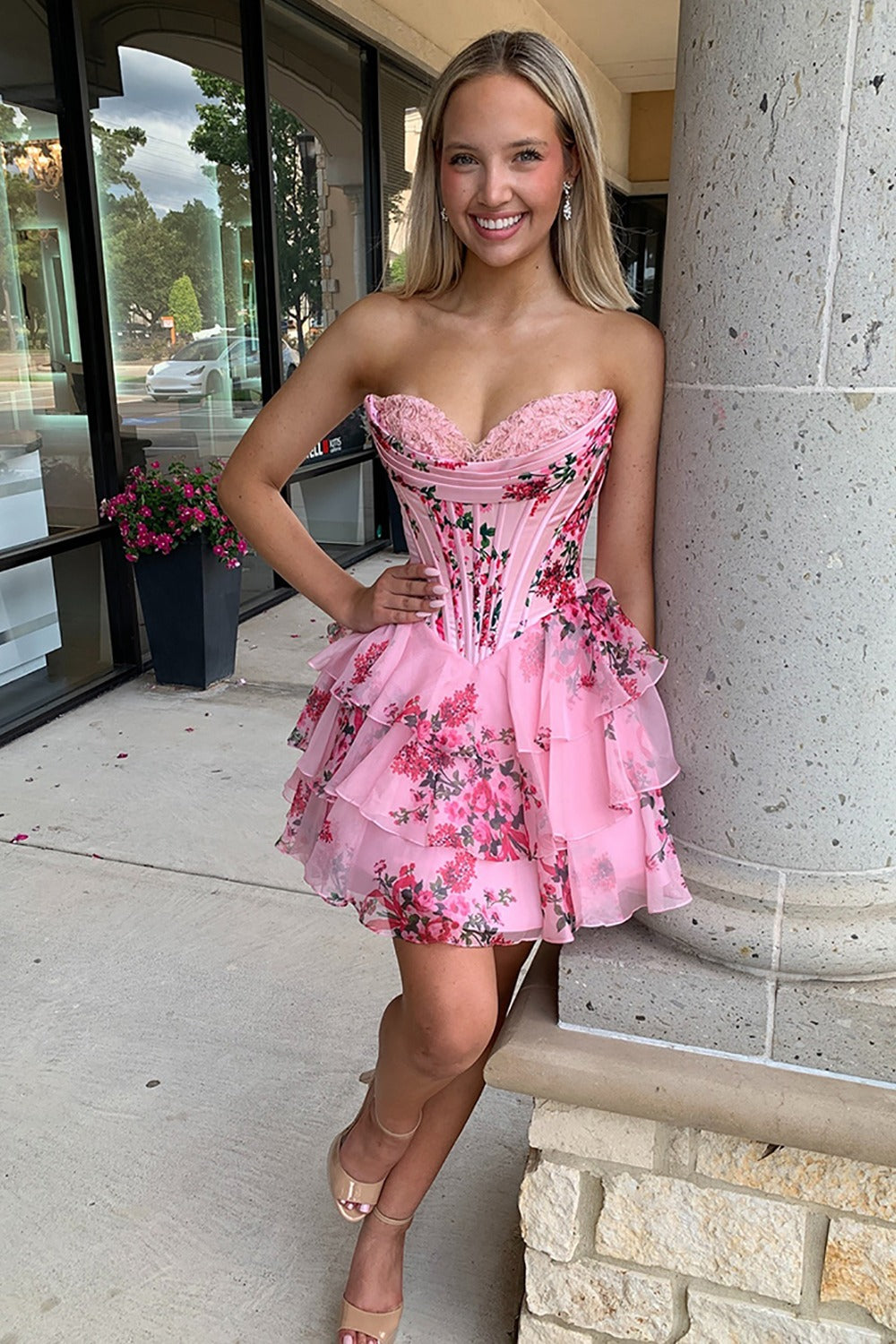 Vestido de fiesta con escote en forma de corazón, estampado floral, volantes y corsé, HE573