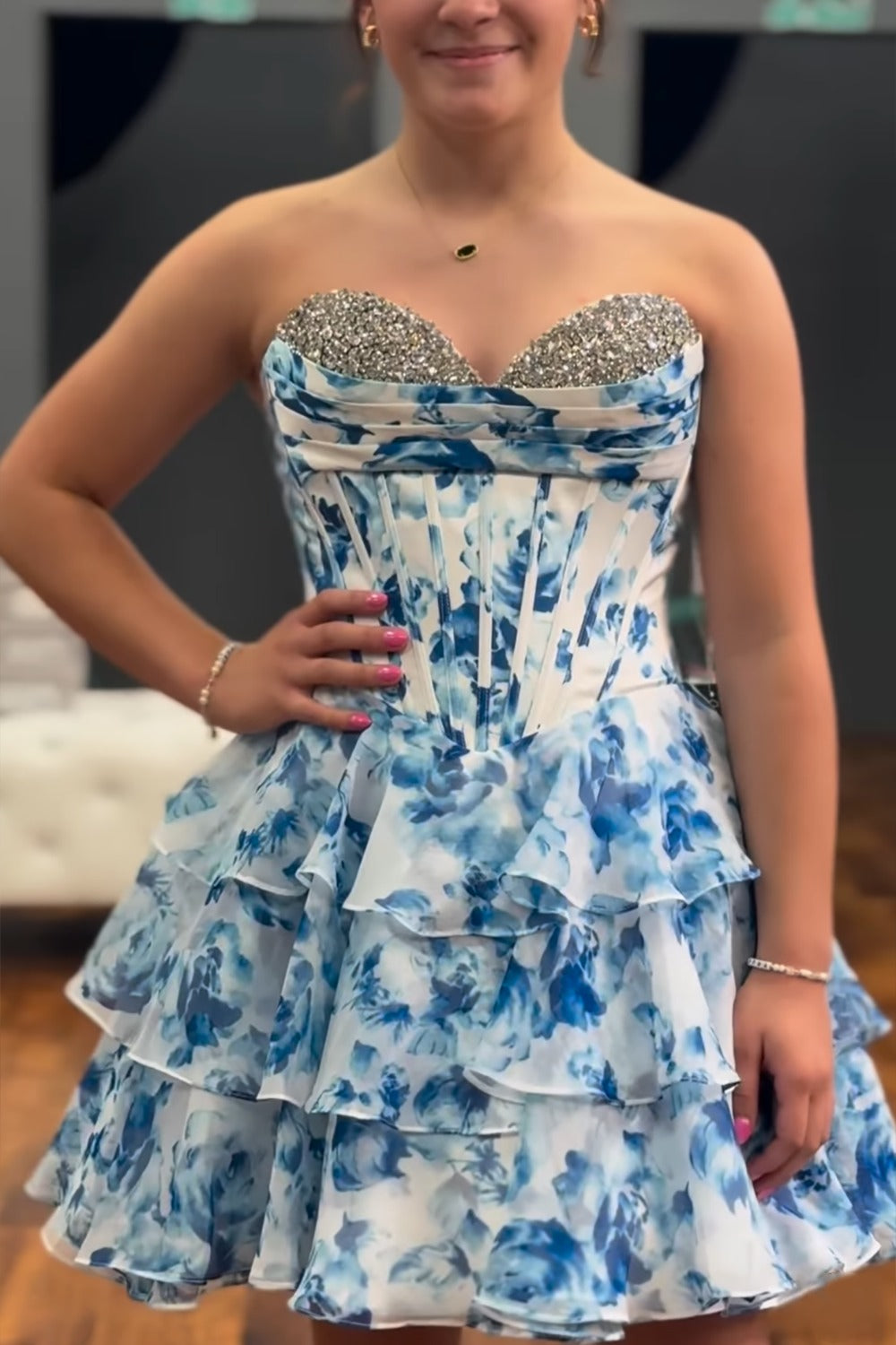 Vestidos de fiesta con estampado floral, corte A, corsé y cuentas, HE572