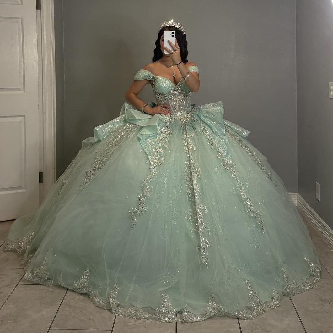 Off Shoulder Tulle Appliqued Princess Ball Gown Mint Quinceanera Dresses HE817