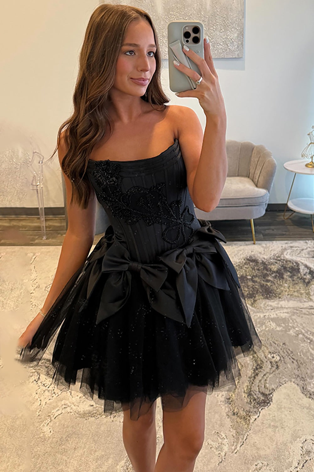 Vestido de fiesta de satén con escote en forma de corazón, tul, volantes y lazo, HE566