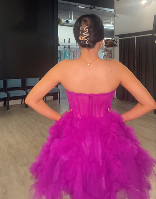Fuchsia Sweetheart Tulle Corset Knee Length Homecoming Dresses with Ruffles HE578