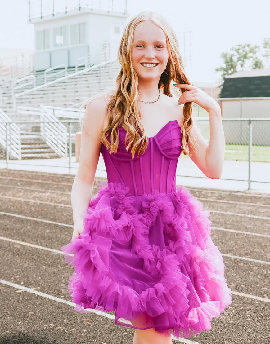 Fuchsia Sweetheart Tulle Corset Knee Length Homecoming Dresses with Ruffles HE578