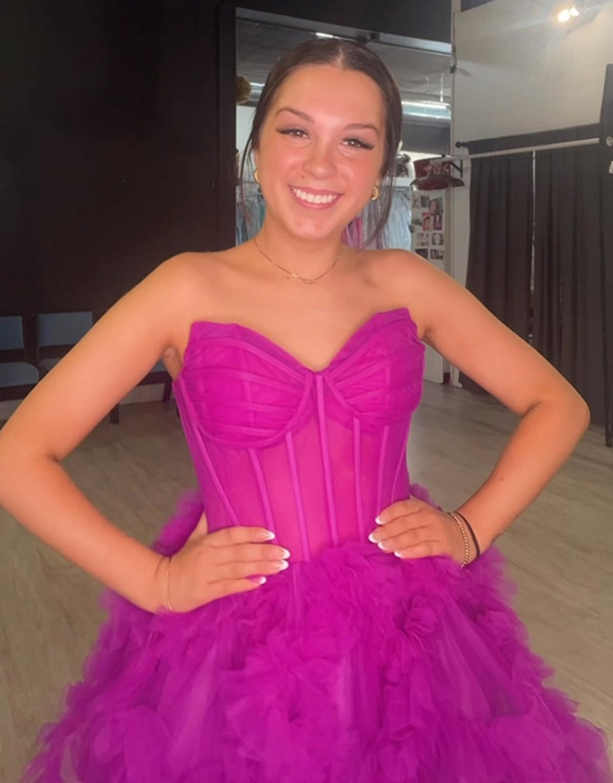 Fuchsia Sweetheart Tulle Corset Knee Length Homecoming Dresses with Ruffles HE578