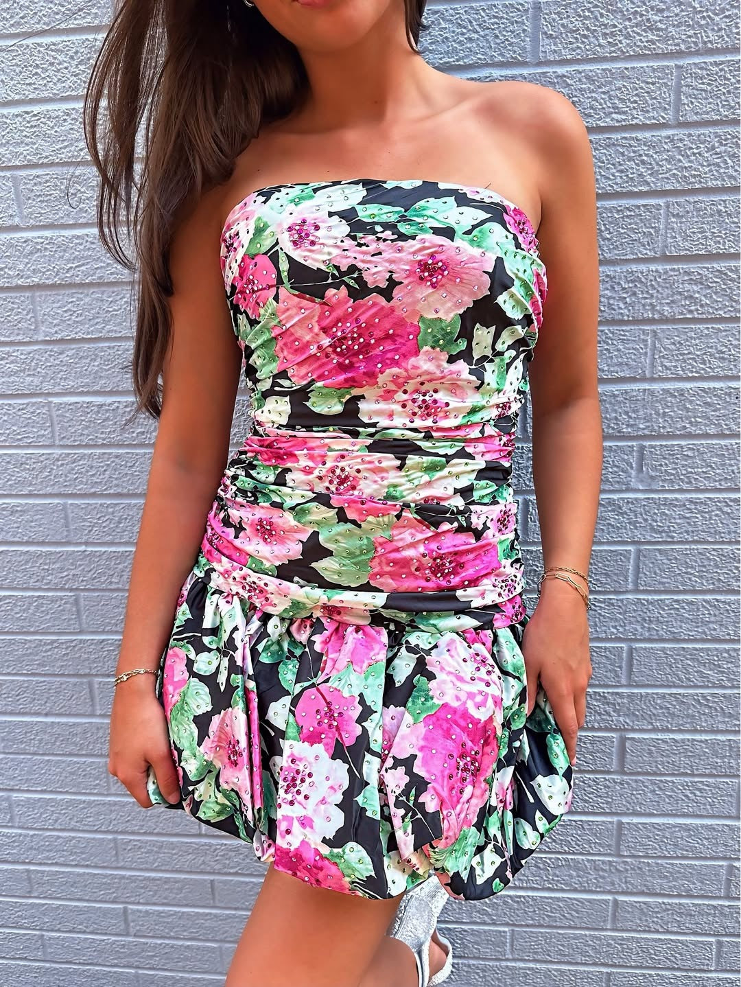 Sweetheart Strapless Knee Length Floral Print Homecoming Dresses HE560
