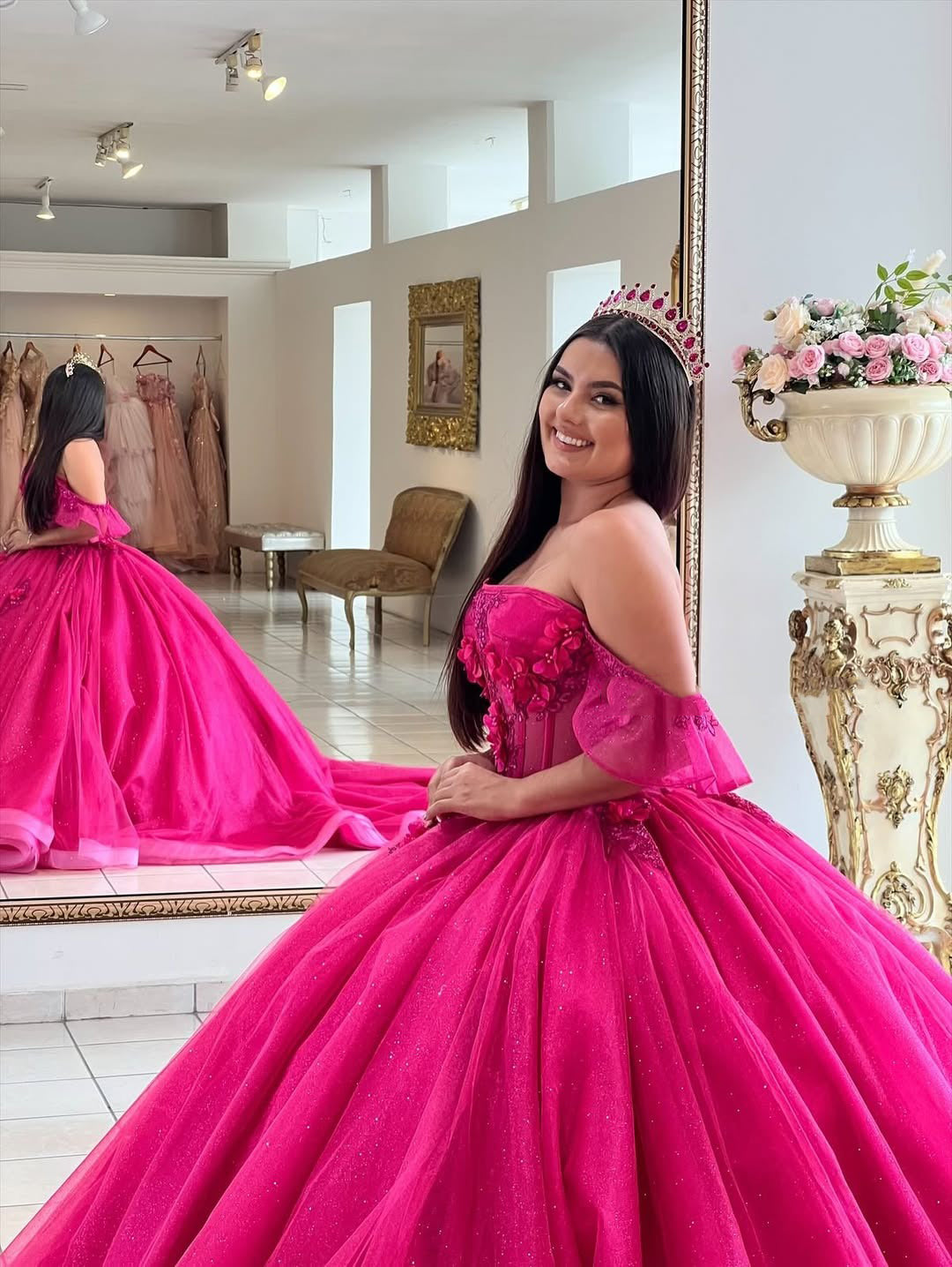 Fuchsia Glittery Tulle Princess Ball Gown Appliqued Beaded Quinceanera Dresses HE694