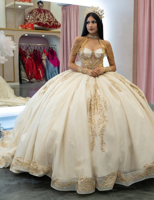 Champagne Tulle Beaded Appliqued Ball Gown Quinceanera Dresses for Sweet 16 HE659