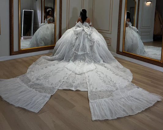 Glittery Tulle Ball Gown Lace Beaded Sweet 16 Quinceanera Dresses with Bow HE679