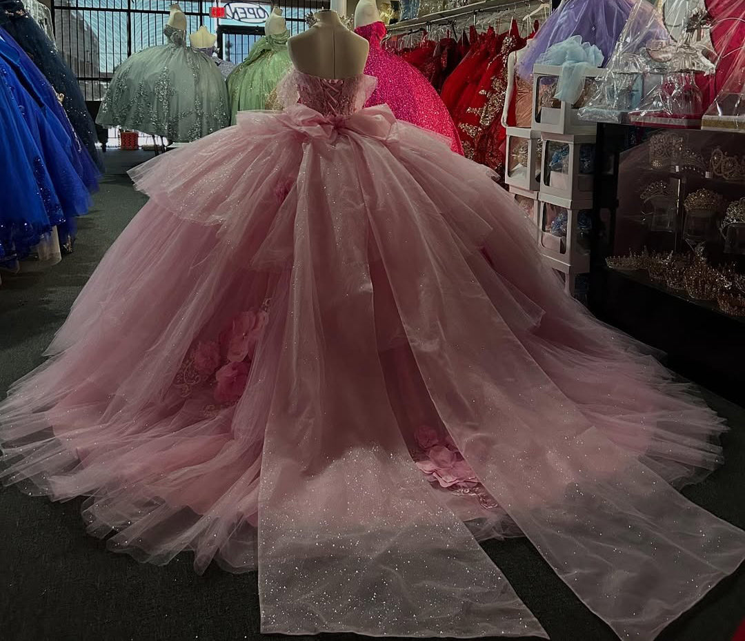 Off Shoulder Princess Tulle 3d Flowers Pink Quinceanera Dresses for Sweet 16 HE808