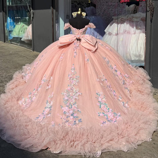 Off Shoulder Pink Tulle Appliqued Ball Gown Quinceanera Dresses for Sweet 16 HE666