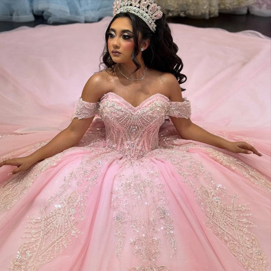Off Shoulder Ball Gown Tulle Appliqued Beaded Quinceanera Dresses for Sweet 16 HE664