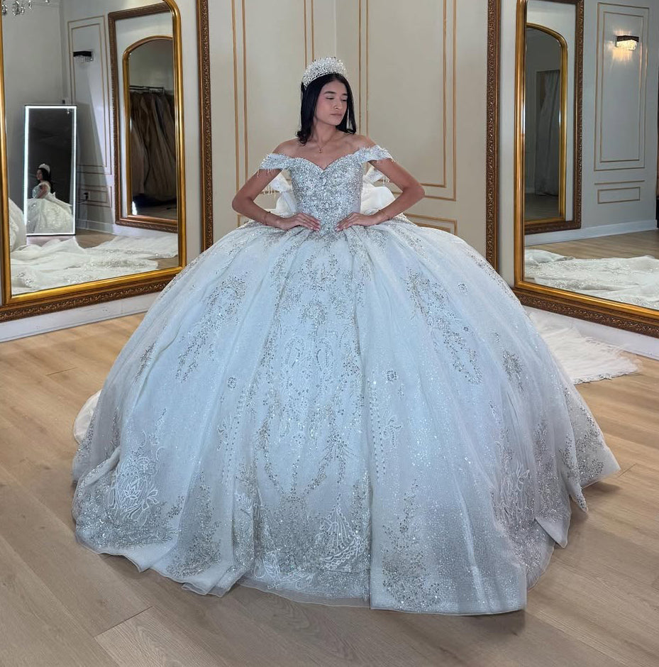 Vestidos de quinceañera con hombros descubiertos, tul princesa, apliques, vestidos de quinceañera HE530