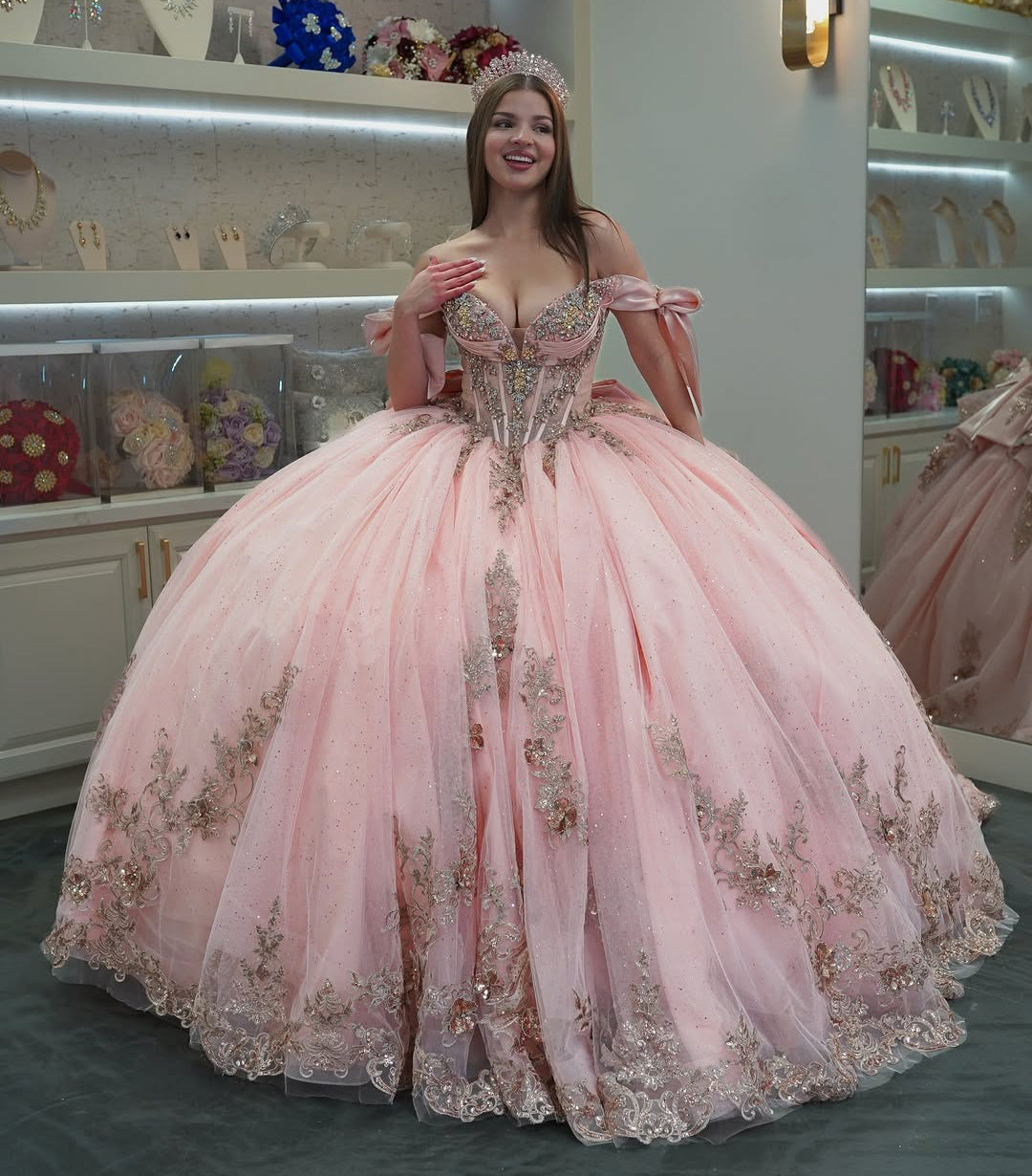 Vestidos de quinceañera con hombros descubiertos, tul princesa, apliques, vestidos de quinceañera HE530