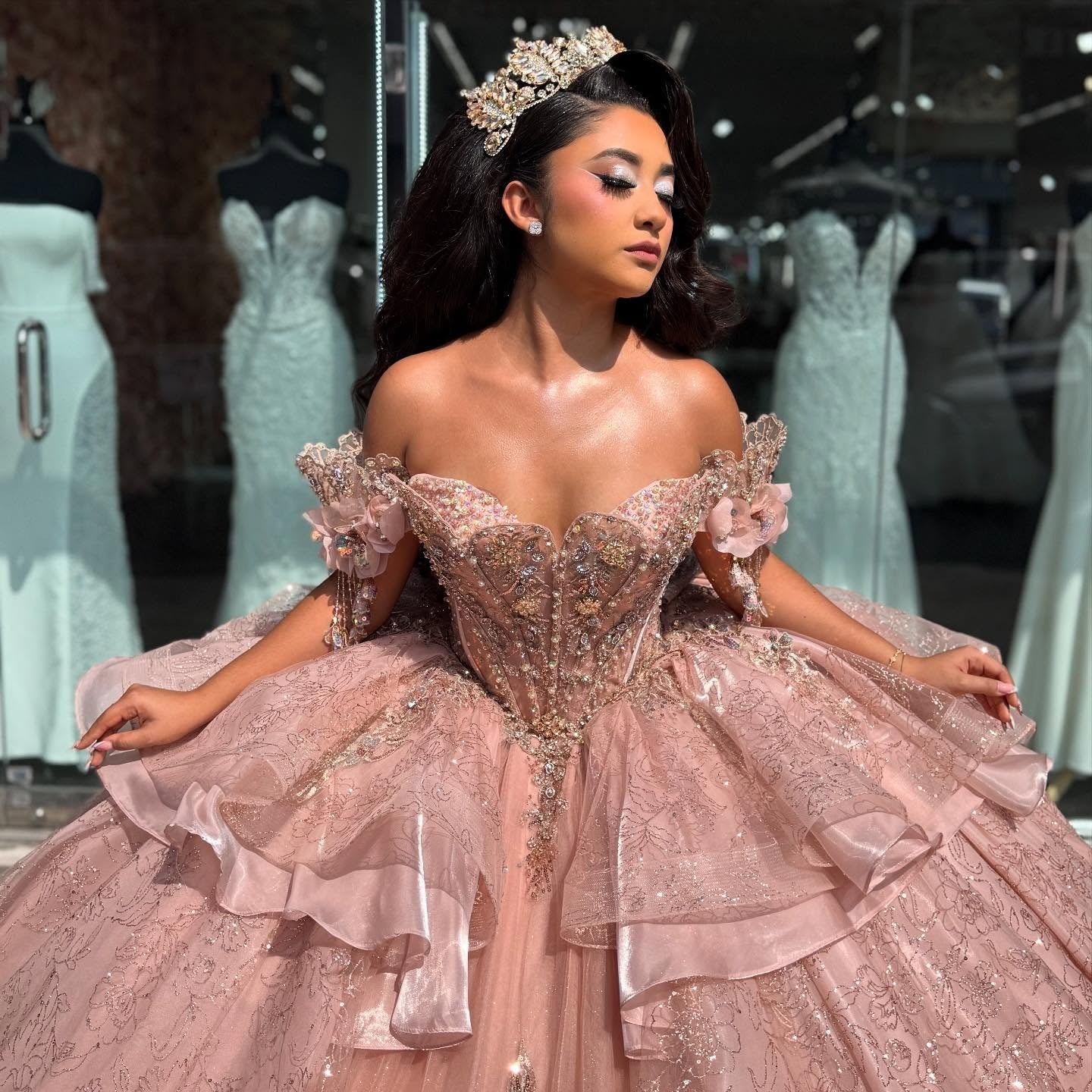 Princess Ball Gown 3D Flower Appliqued Sweet 16 Quinceanera Dresses with Beaded HE663