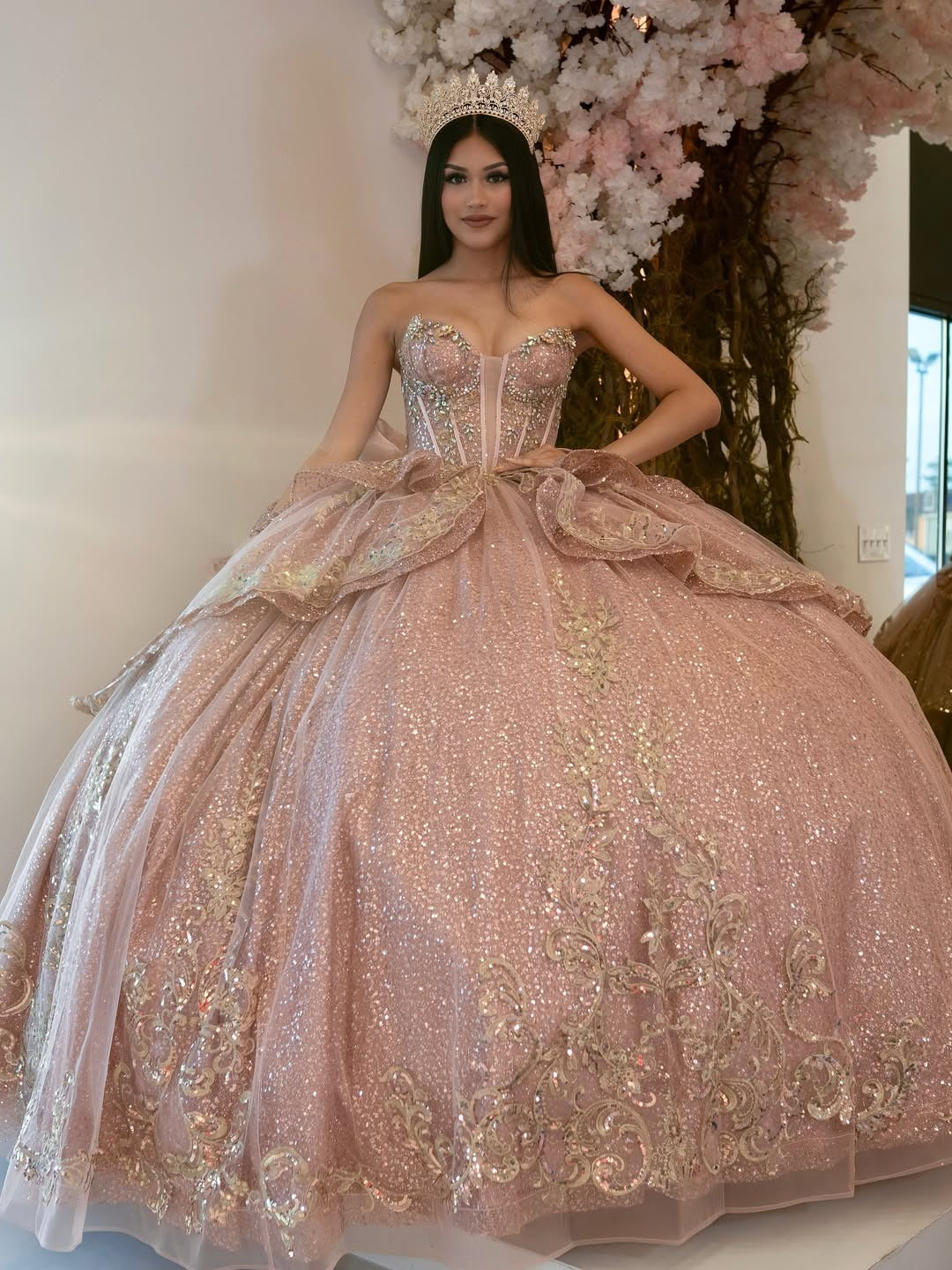 Glittery Tulle Lace Beaded Sweetheart Corset Quinceanera Dresses with Ruffles HE656