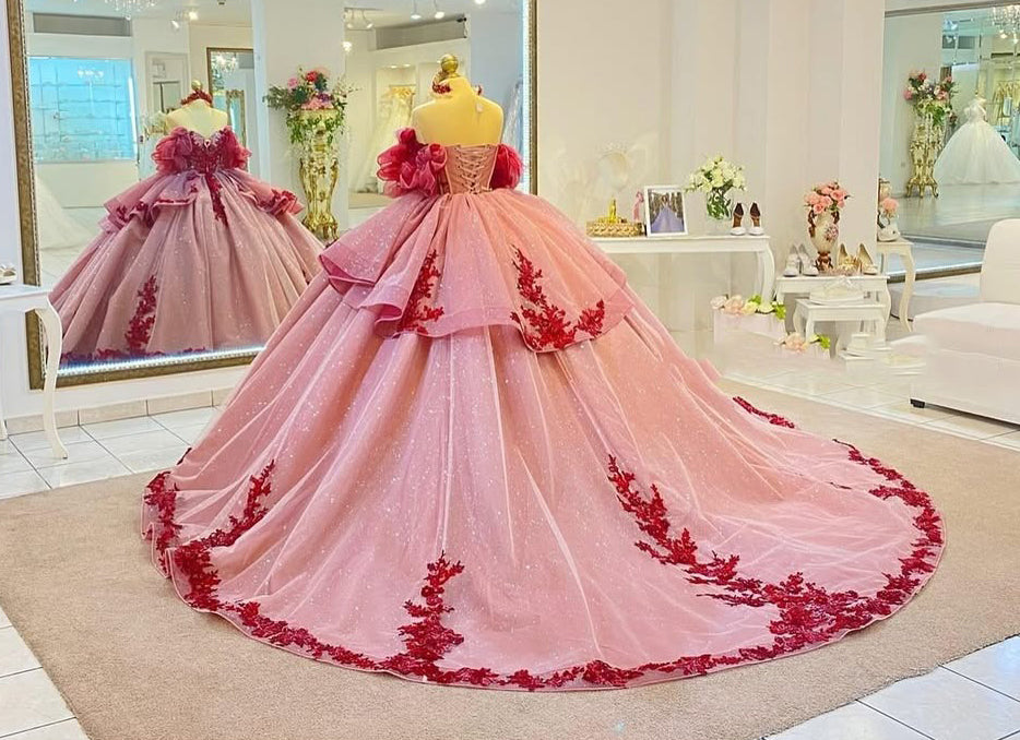 Vestidos de quinceañera con hombros descubiertos, tul princesa, apliques, vestidos de quinceañera HE530