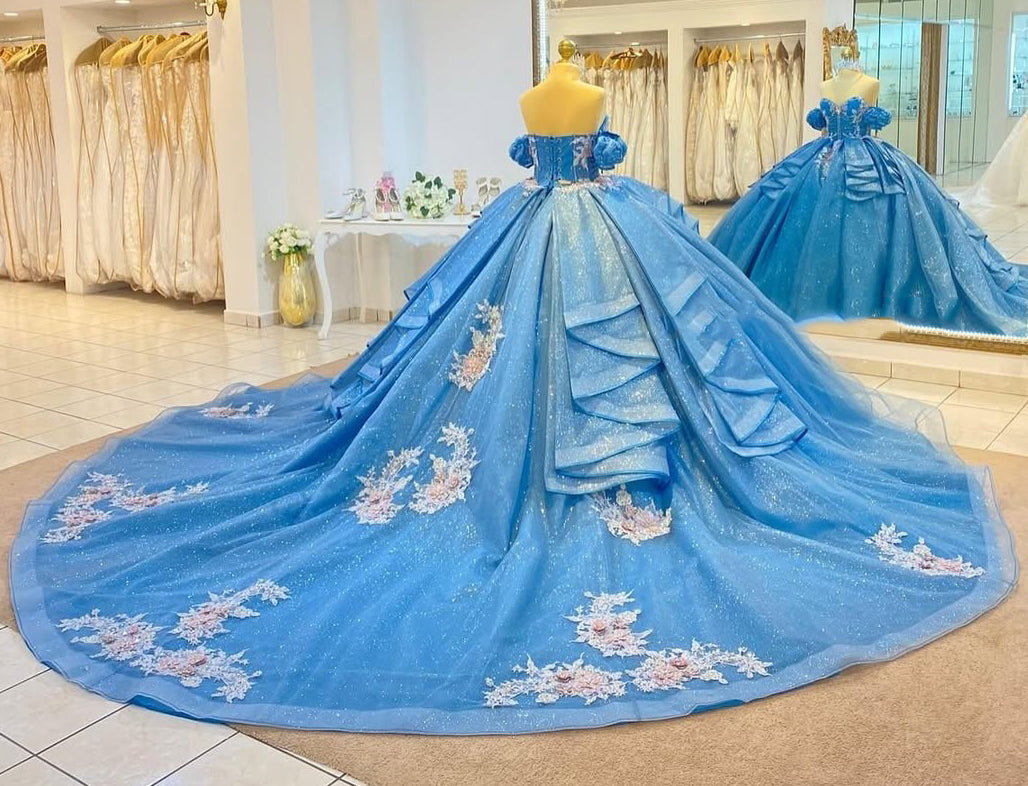 Blue Off Shoulder Glittery Tulle Appliqued Beaded Quinceanera Dress for Sweet 16 HE691