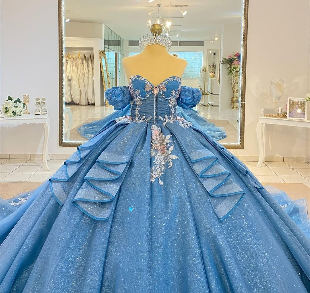 Blue Off Shoulder Glittery Tulle Appliqued Beaded Quinceanera Dress for Sweet 16 HE691