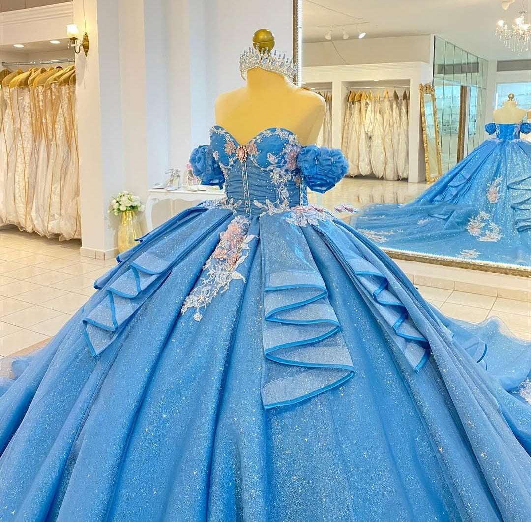 Blue Off Shoulder Glittery Tulle Appliqued Beaded Quinceanera Dress for Sweet 16 HE691