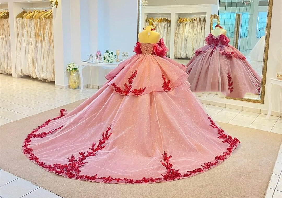 Vestidos de quinceañera con hombros descubiertos, tul princesa, apliques, vestidos de quinceañera HE530