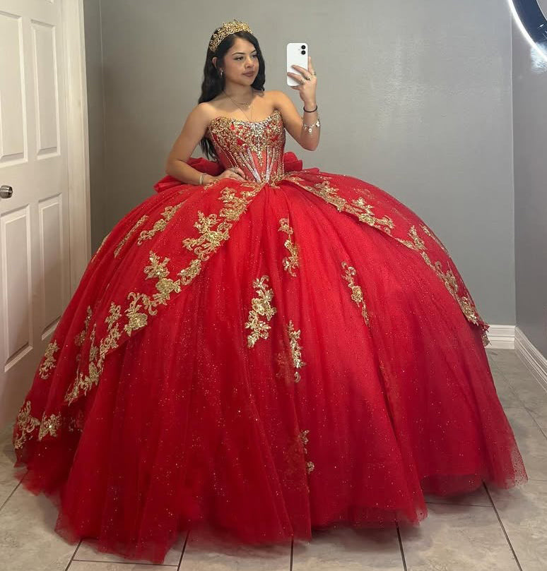 Sweetheart Corset Tulle Lace Appliqued Red Quinceanera Dresses for Sweet 16 HE816