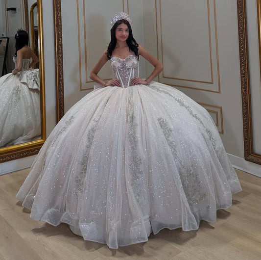 Glitzerndes Tüll-Kurzarm-Applikations-Perlen-Quinceanera-Kleid für Sweet 16 HE678