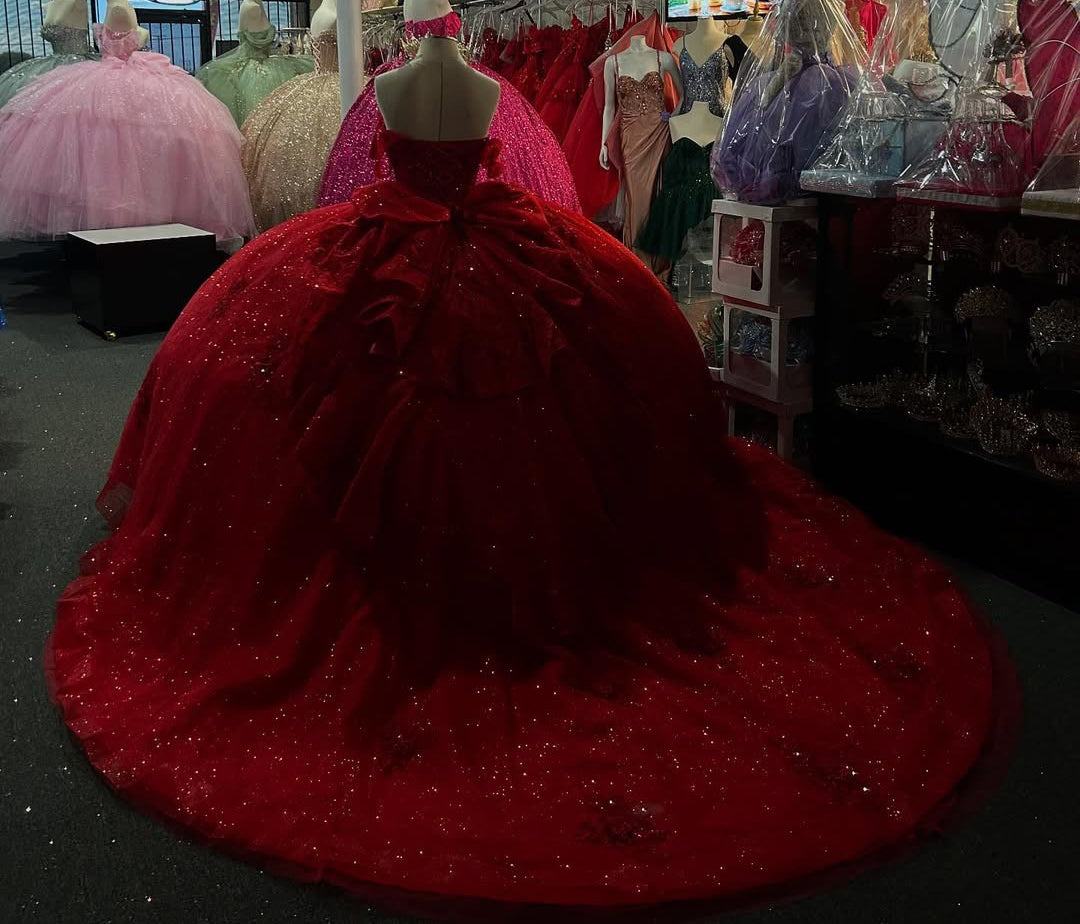 Princess Ball Gown Tulle Appliqued Red Quinceanera Dresses Sweet 16 Birthday Gowns HE826