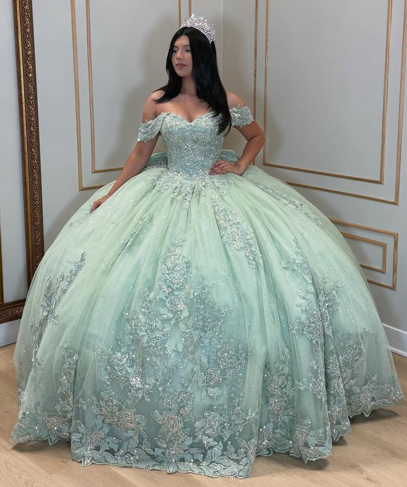 Vestidos de quinceañera con hombros descubiertos, tul princesa, apliques, vestidos de quinceañera HE530