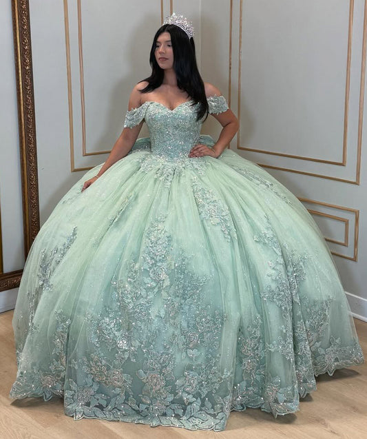 Off Shoulder Princess Mint Quinceanera Dresses Tulle Appliqued Sweet 16 Party Gown HE685