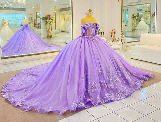 Off Shoulder Lilac Tulle Appliqued Sweet 16 Quinceanera Dresses with Long Train HE690
