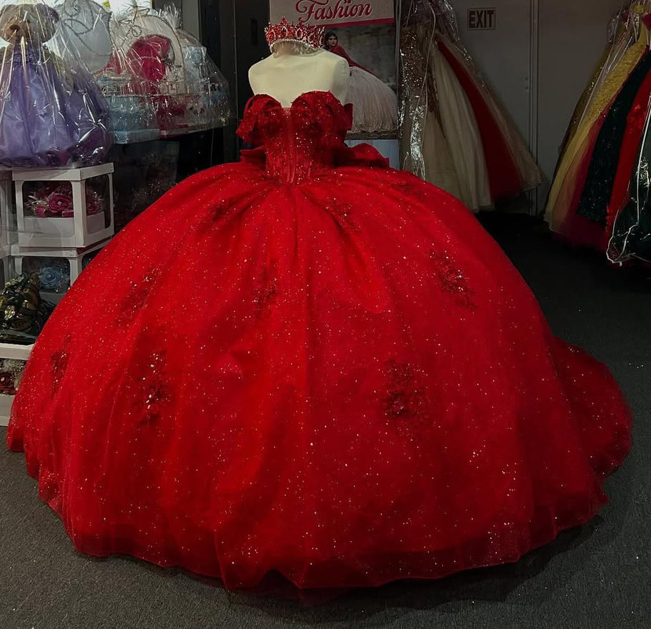 Princess Ball Gown Tulle Appliqued Red Quinceanera Dresses Sweet 16 Birthday Gowns HE826