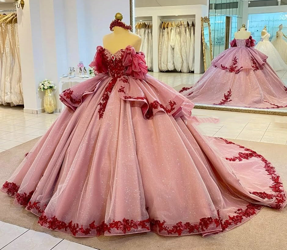 Vestidos de quinceañera con hombros descubiertos, tul princesa, apliques, vestidos de quinceañera HE530