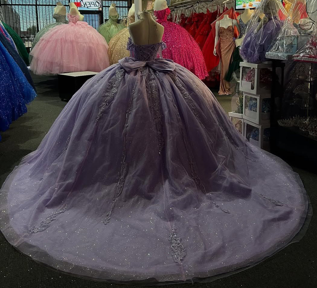 Off Shoulder Tulle Lace Appliqued Ball Gown Lilac Sweet 16 Quinceanera Dresses HE810