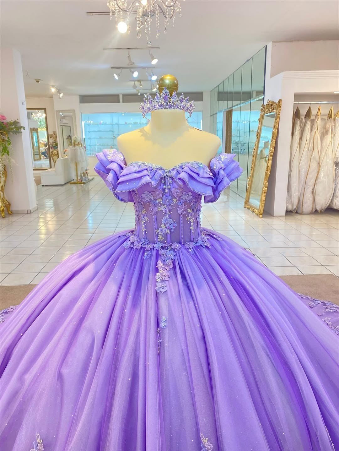Off Shoulder Lilac Tulle Appliqued Sweet 16 Quinceanera Dresses with Long Train HE690