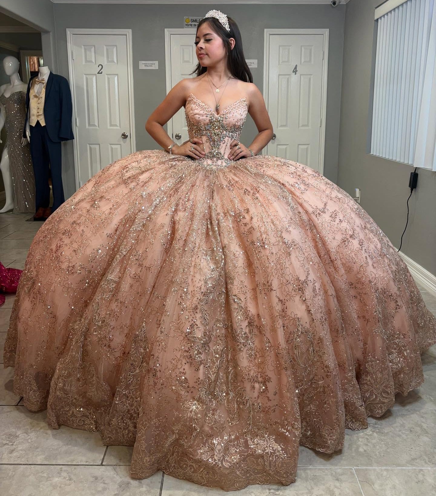 Sweetheart Glittery Tulle Sequin Beaded Quinceanera Dresses with Long Train HE815